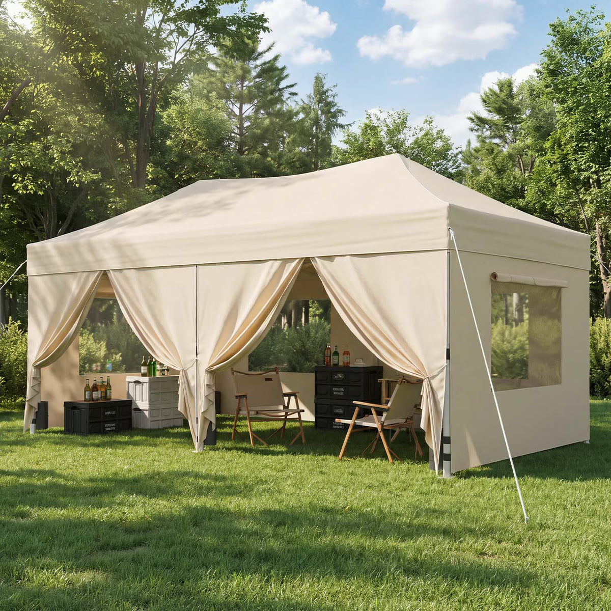 Dateyes 10x20 FT Pop Up Canopy with Mesh Window Sidewalls, Portable Ez Setup Heavy Duty Canopy Tent with Sandbags, Instant Shelter for Outdoor Event, Party, Commercial, Beige