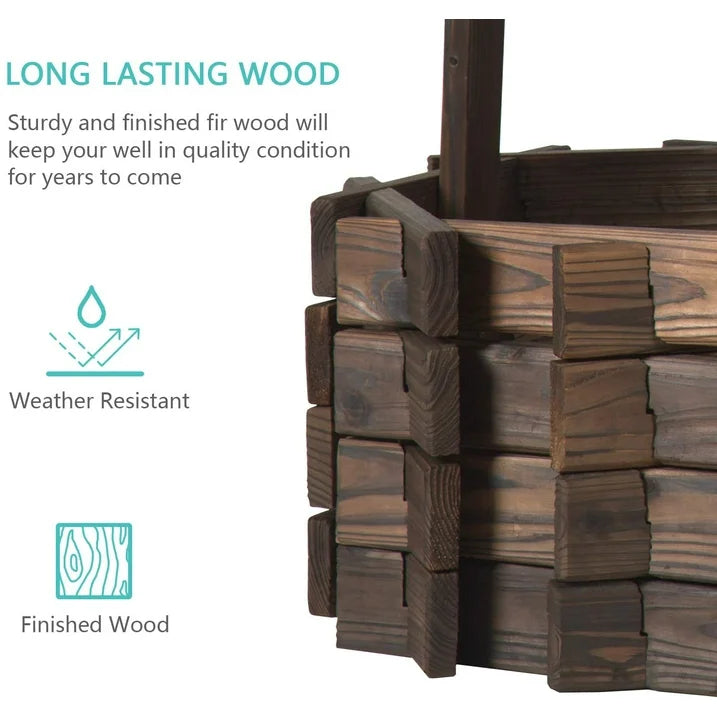 Sunmthink Wood Wishing Well Planter with Hanging Bucket for Flower and Plants, Brown