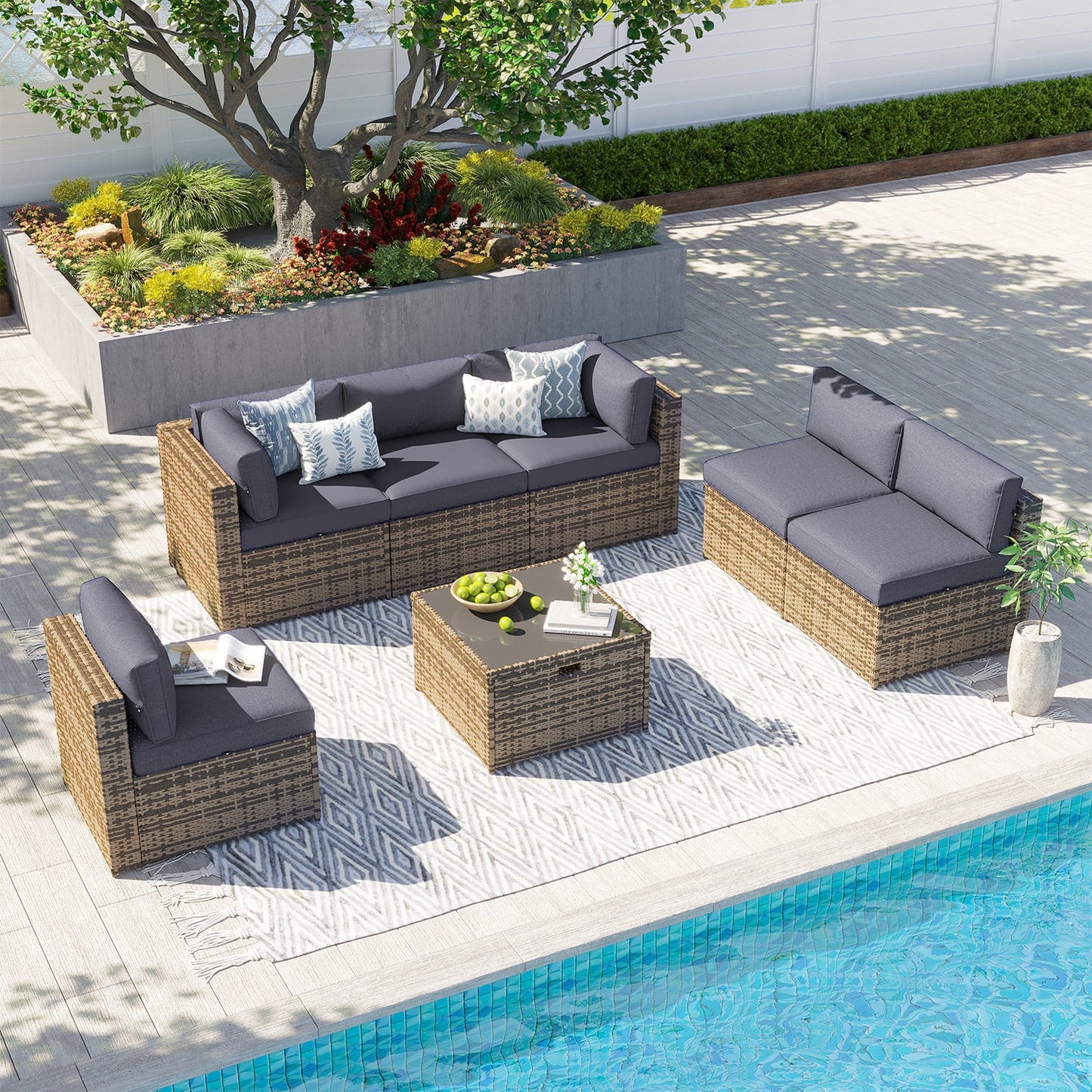 Clouddwell 7 Piece Patio Furniture Set Wicker Rattan Patio Conversation Set Outdoor Sectional Sofa Set with Coffee Table and Gray Cushions(Waterproof Cover Included)