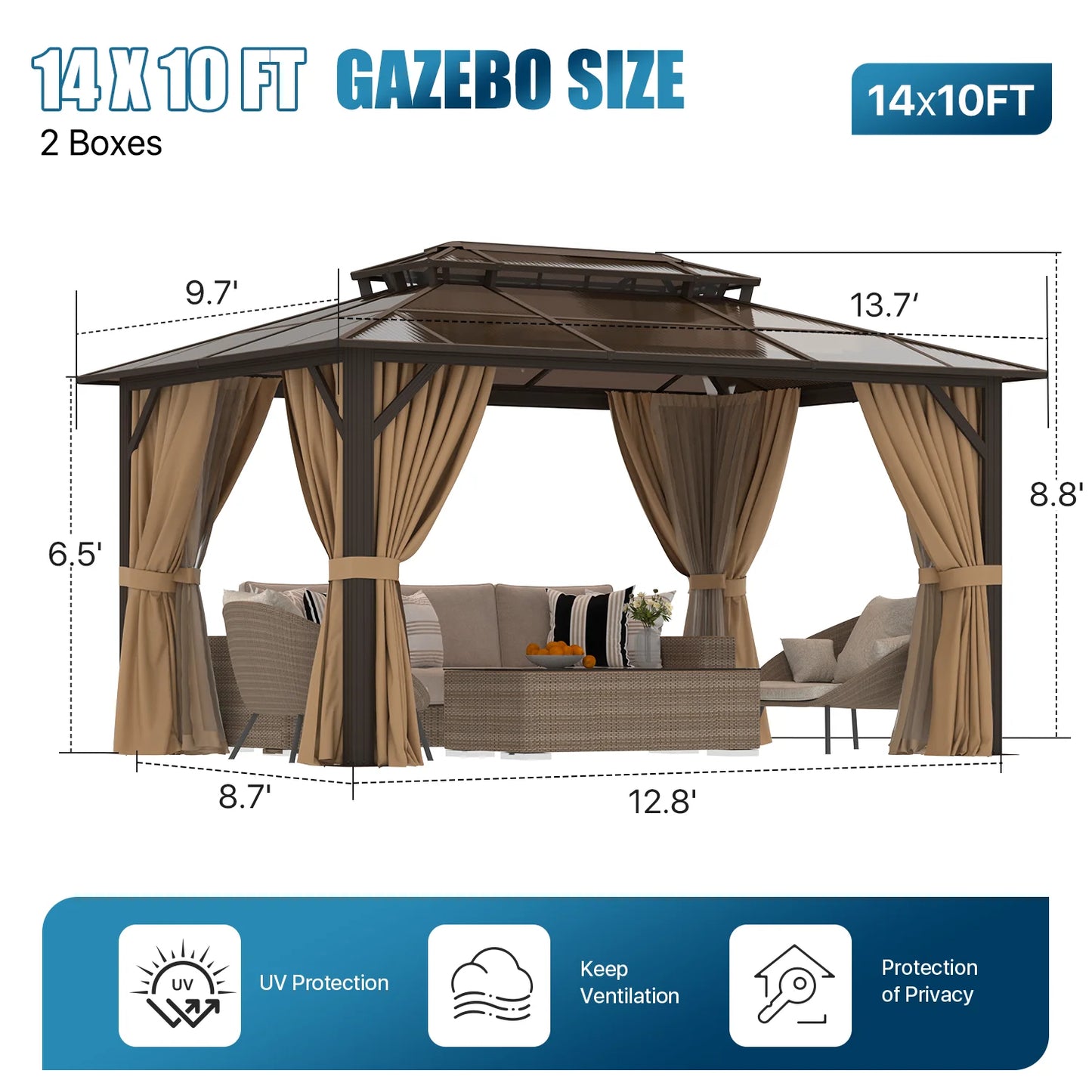 Sunmthink 10' x 14' Hardtop Gazebo,Polycarbonate Double Roof,Aluminum Frame with Curtains and Netting for Patio,Garden,Brown