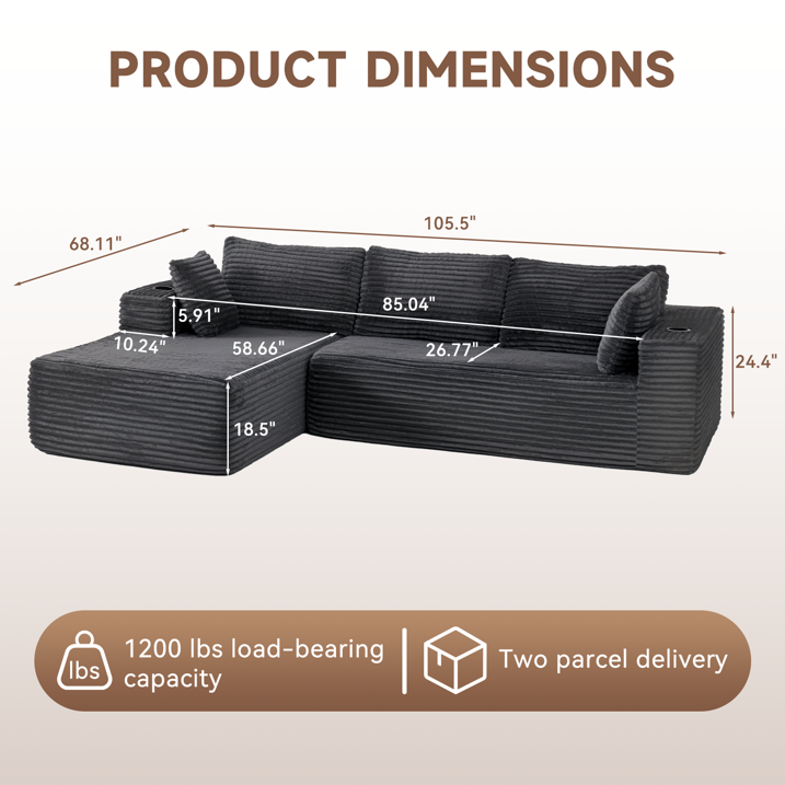 Sunmthink Cloud Couch Corduroy Modular Sectional Sofa L-Shape Boneless Couch with Wide Armrests and Cup Holders for Living Room Bedroom, No Assembly Required (Black)