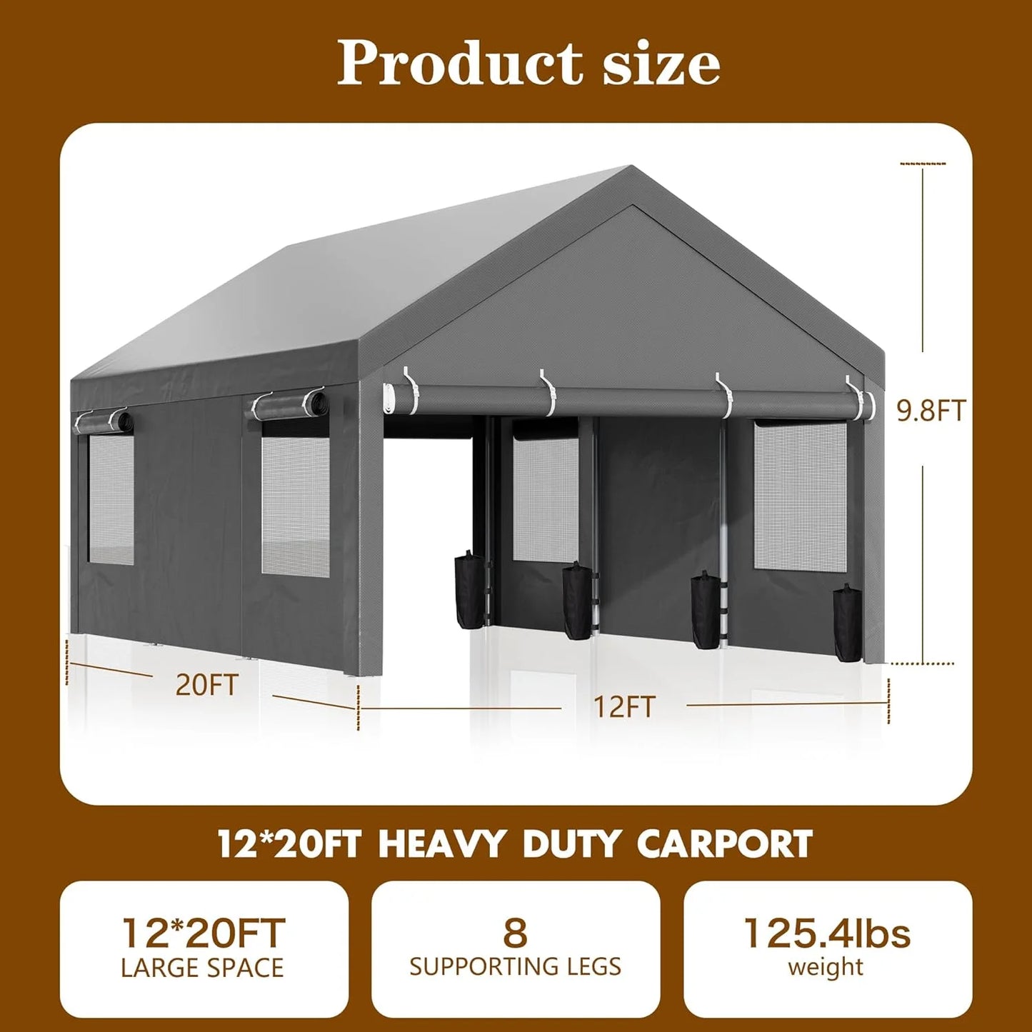 Clouddwell 12x20 ft Heavy Duty Carport Canopy with Roll-up Windows, Portable Garage with Removable Sidewalls & Doors, Car Canopy with All-Season Tarp for Car, Truck, Boat