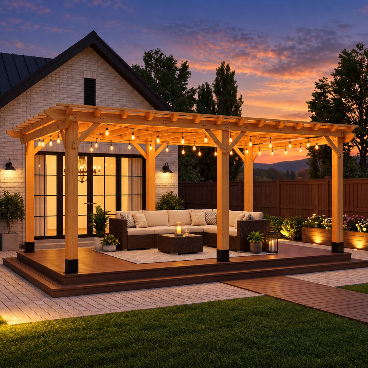 Sunmthink 12' x 20' Solid Cedar Outdoor Pergola, Tiered Lattice Canopy, Wind-Resistant up to 100 MPH, Natural Wood Finish for Patio, Deck, Lawn & Garden