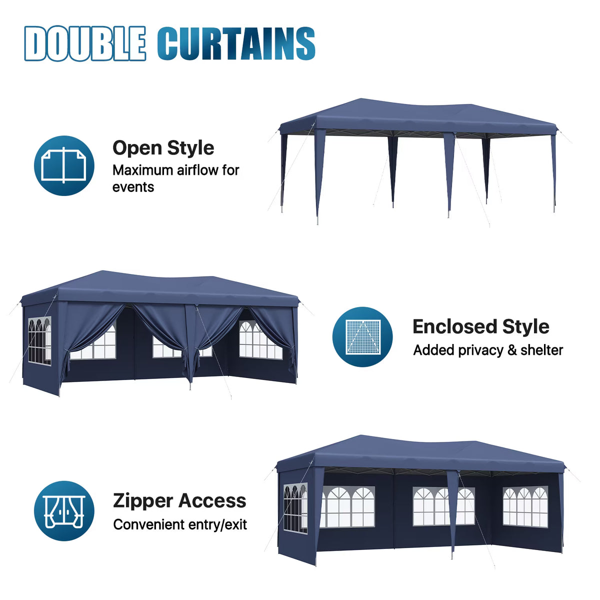 Dateyes 10x20 Pop Up Canopy Tent, Waterproof Party Tent with 6 Removable Sidewalls, 3-Level Height Adjustable Event Tent, Instant Shelter for Wedding, Party, Commercial & Market Events,Blue