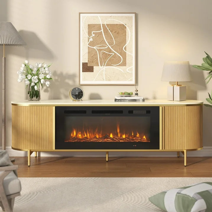 Sonegra 70" Fireplace TV Stand, Modern Entertainment Center for TVs Up to 80", TV Console Table for Living Room, Media Cabinet with Storage,70 Inch, Oak