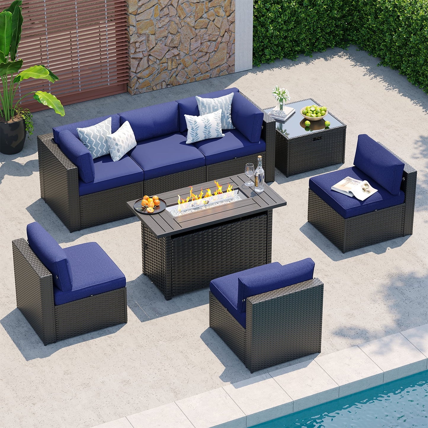 Clouddwell 8-Piece Patio Furniture Set With Fire Table On Sale, Black Rattan Wicker Outdoor Sectional Sofa Couch with Table Patio Conversation Set for Lawn& Backyard,Blue