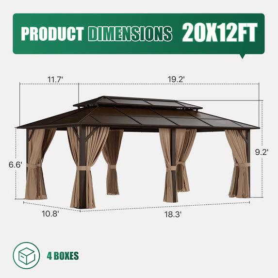 Clouddwell 12'x20' Hardtop Gazebo - Polycarbonate Double Roof with Netting & Curtains for Patio, Garden Sun Protection,Brown