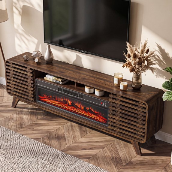 Sonegra Fireplace TV Stand with 40" Electric Fireplace, Mid Century Modern Entertainment Center with Led Lights for 90" TVs , Wood Media Console with Slatted Sliding Doors for Living Room, Brown