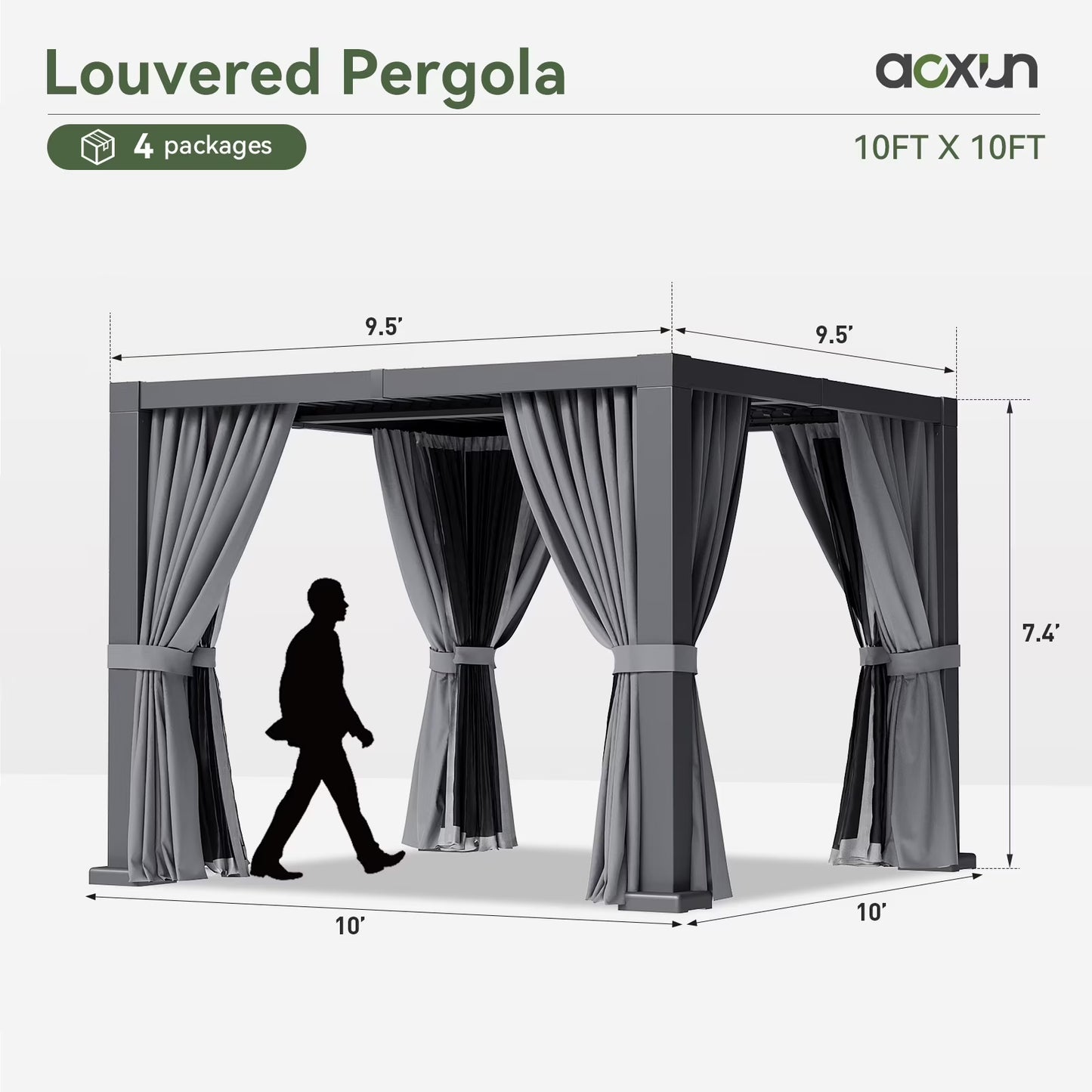 Aoxun Louvered Pergola 10' x 10' Outdoor Aluminum Pergola with Adjustable Top for Decks, Gardens and Backyards, Gray