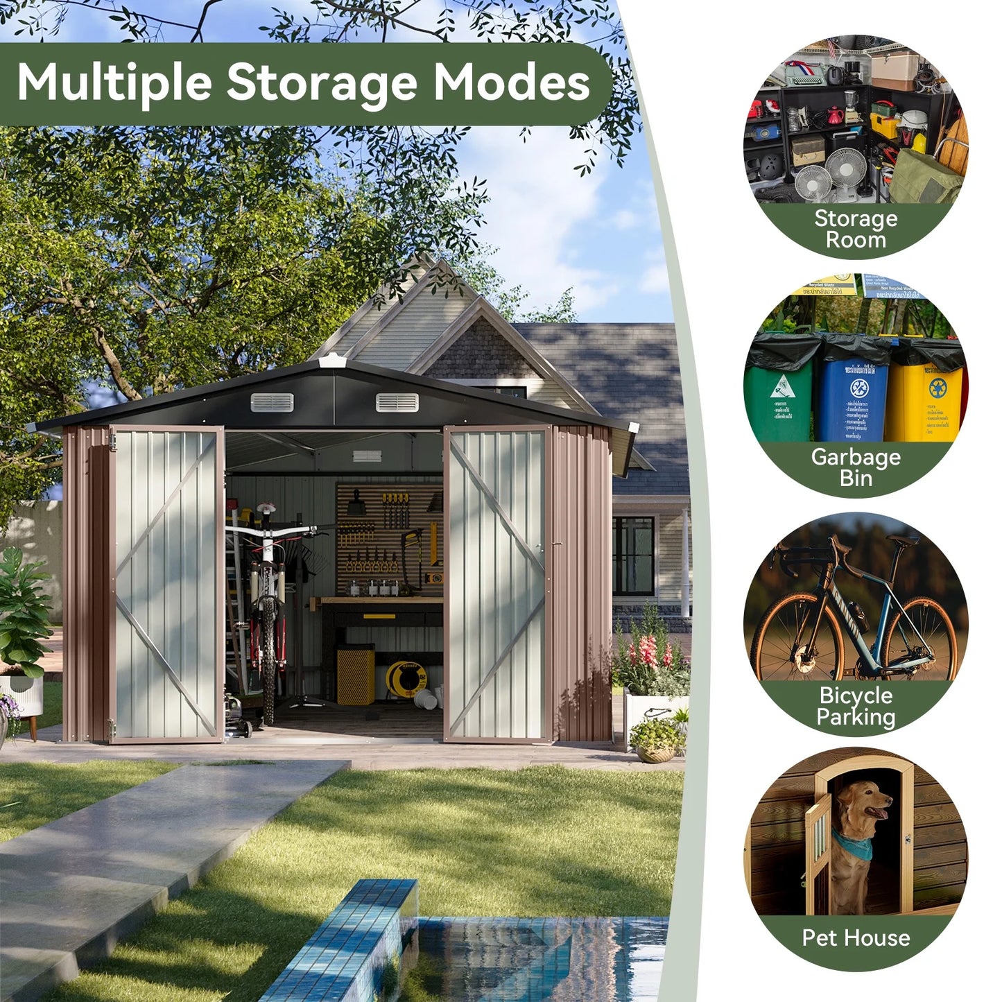 Aoxun 11.9x9.5 ft Outdoor Storage Shed, Galvanized Metal Shed with Lockable Door, Air Vents for Garden, Backyard, Brown