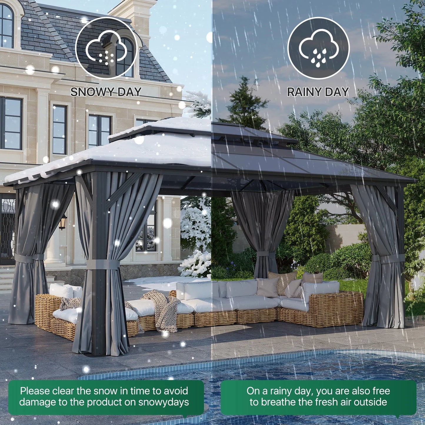 Clouddwell 12'x16' Hardtop Gazebo - Polycarbonate Double Roof with Netting & Curtains for Patio, Garden Sun Protection,Gray