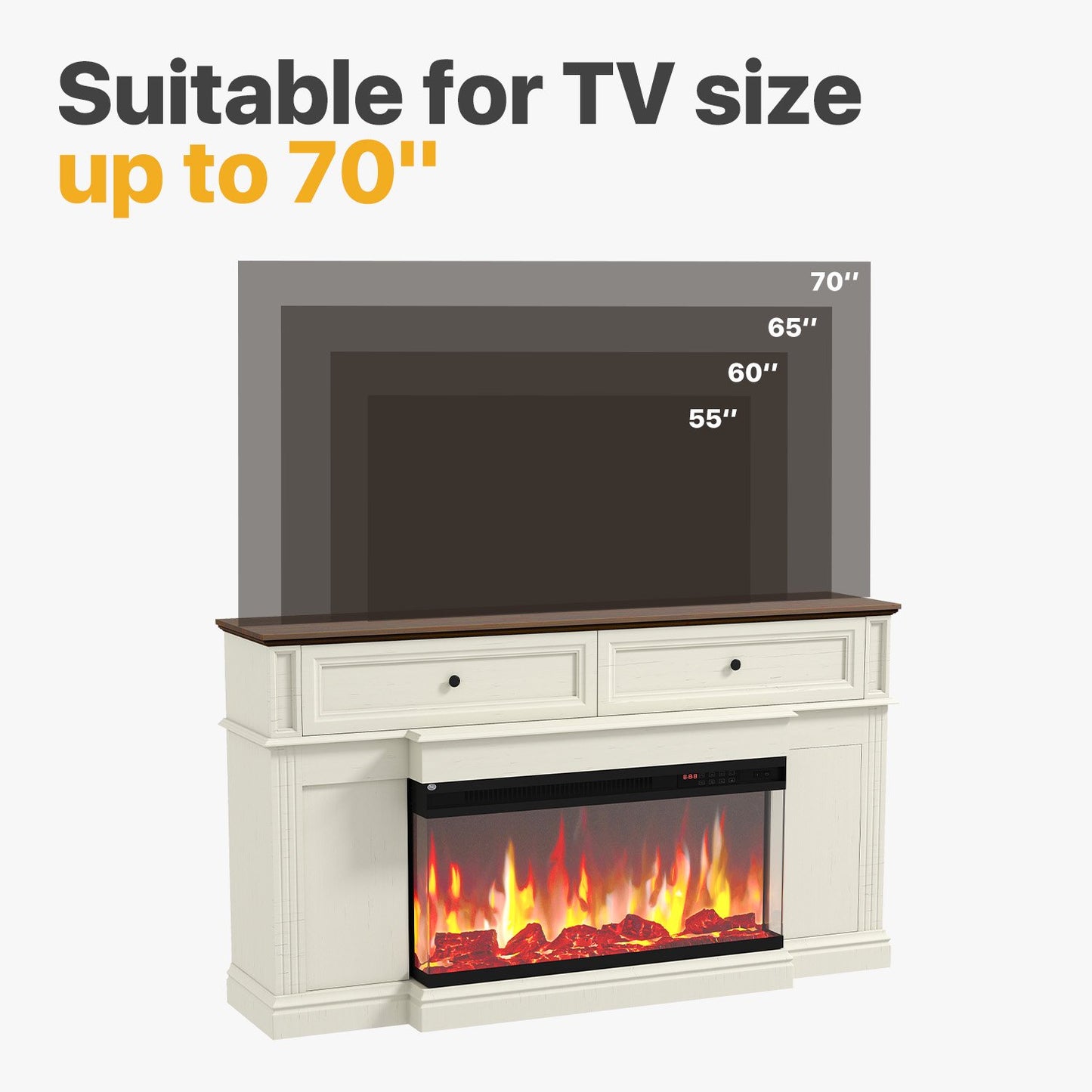 Sonegra Fireplace TV Stand for TVs up to 70" with 36" Fireplace, Farmhouse Entertainment Center with Fireplace, Wooden Media Console for Living Room, White
