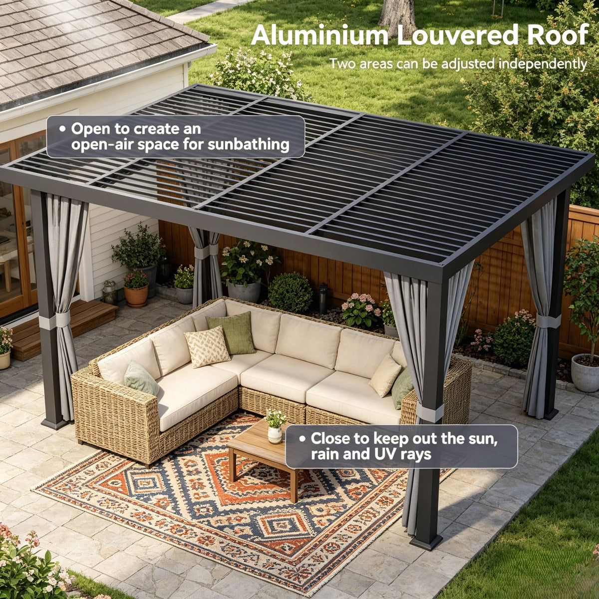 Clouddwell 12' × 20' Adjustable Louvered Pergola, Outdoor Aluminum Pergola with Curtains & Netting for Backyard, Deck & Poolside, Gray