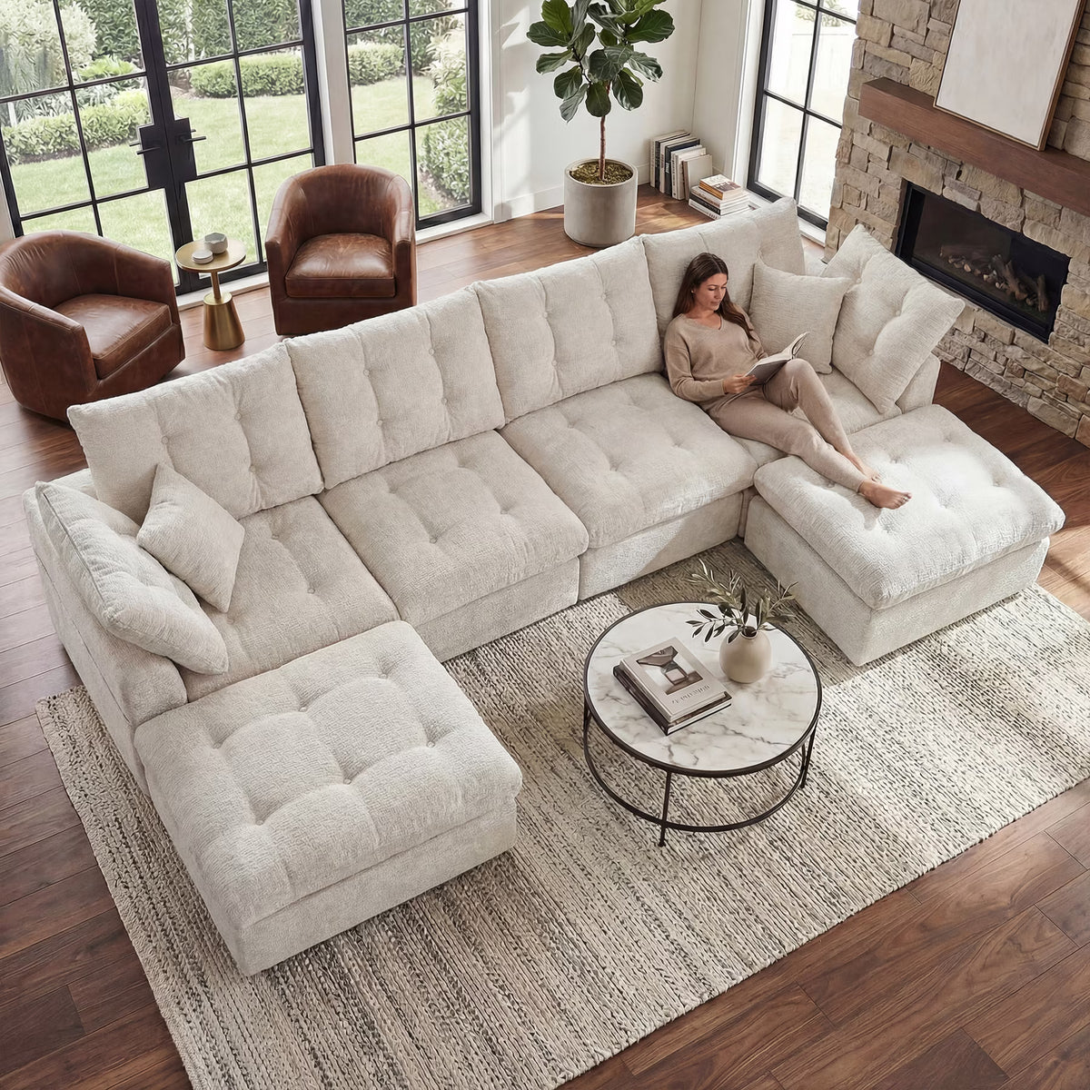 LazySunsets 144" Oversized Modular Sectional U Shaped Sofa, Wide & Deep Seat Boneless Cloud Couch With Multi-Purpose Round Pillow, No Assembly (White)