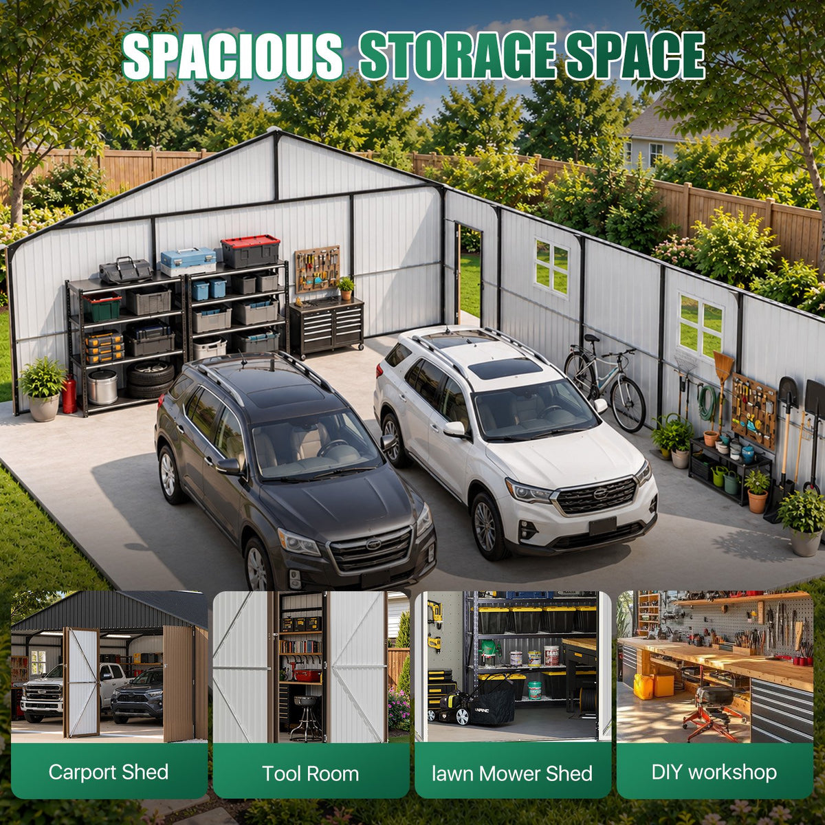 LazySunsets 20 x 20 FT Outdoor Storage Shed, Large Metal Garage Carport Shed, Heavy Duty Car Port with Double Front Doors & Side Door, Brown