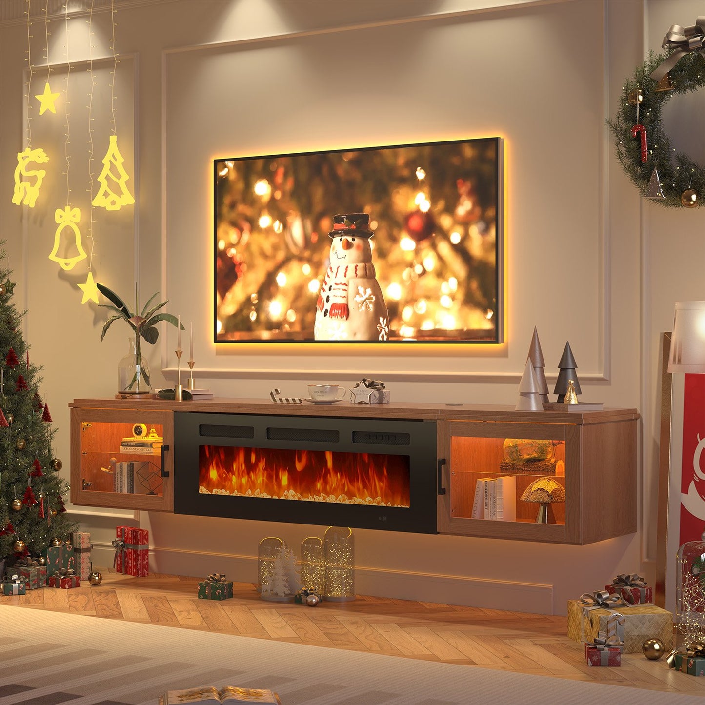 Sonegra 70" Floating TV Stand with 36" Electric Fireplace, High Gloss Finish Wall Mounted Fireplace Entertainment Center with Storage for TVs Up to 80", Brown