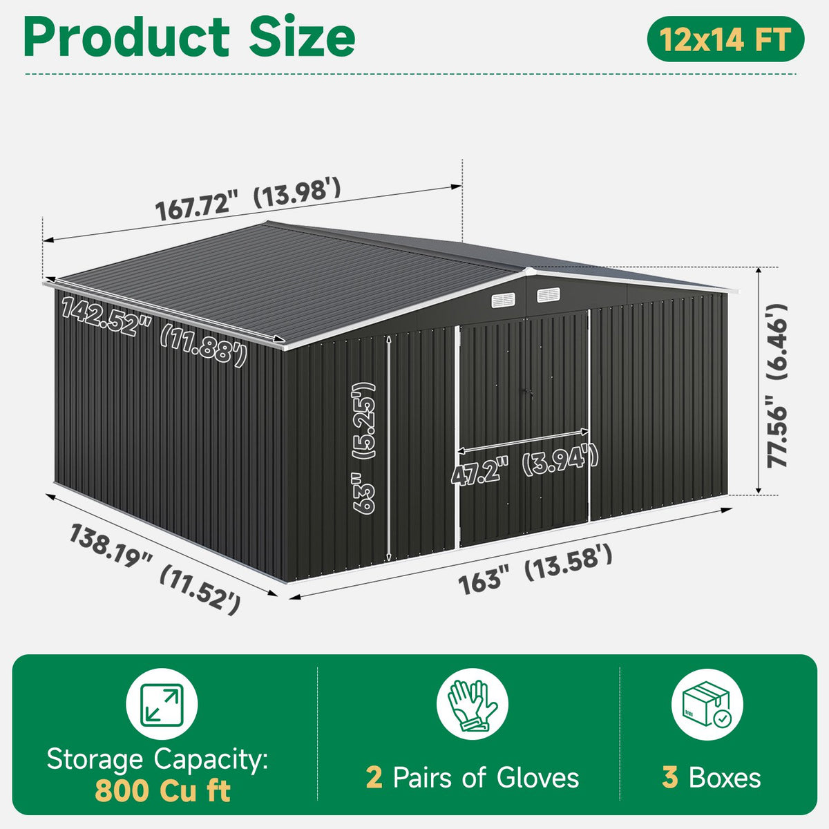Clouddwell 14 ft. x 12 ft. Outdoor Storage Shed, 800 cu. ft. Brown Steel Utility Shed with Lockable Door for Garden, Black