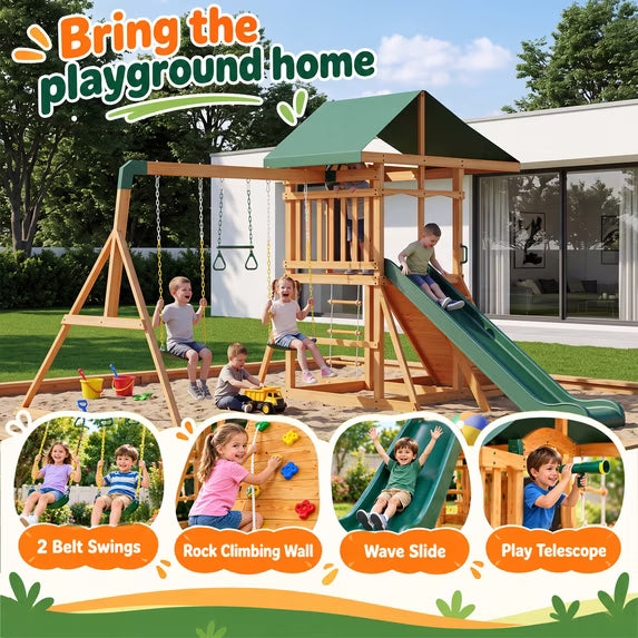 Clouddwell Wooden Backyard Swing Set, Outdoor Playset for Children Wave Slide, Double Rock Wall, Rope Ladder, Web Swing, Belt Swings, Toy Telescope, Steering Wheel