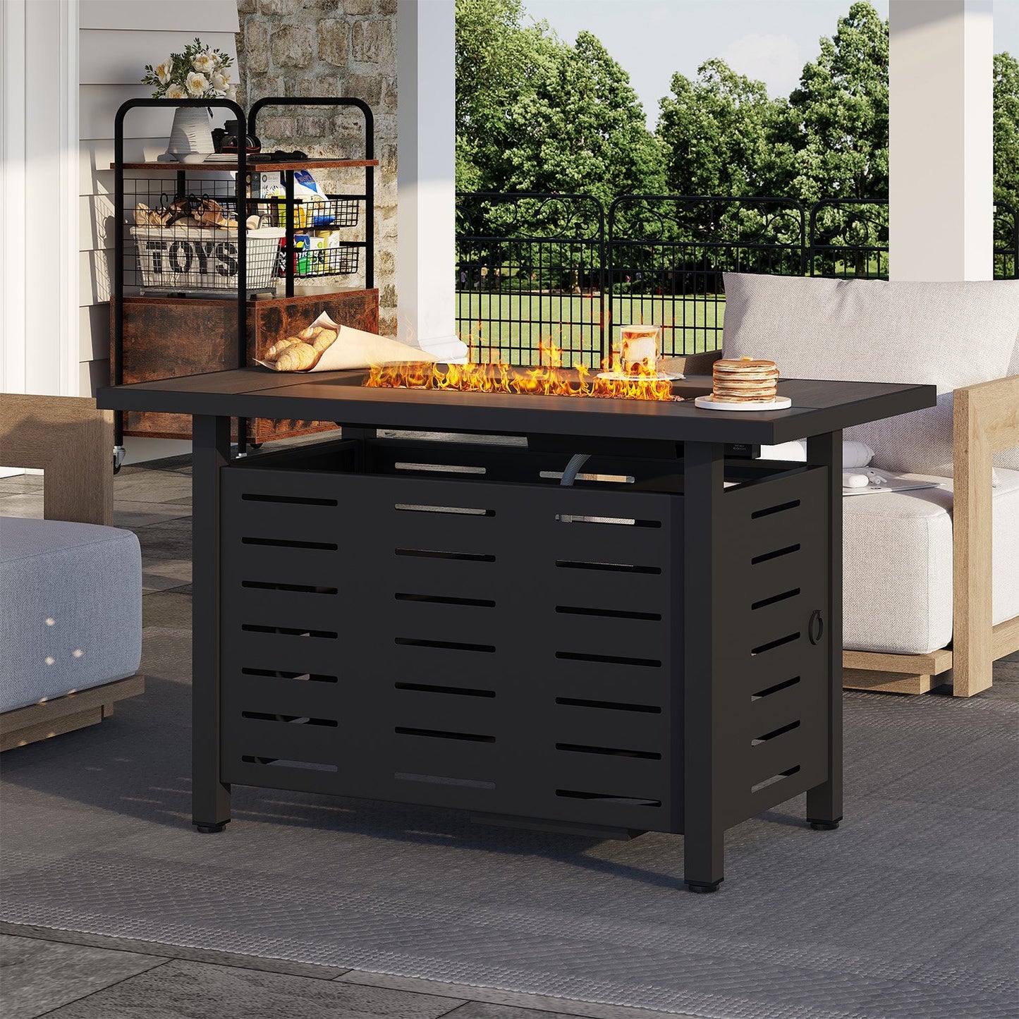 Sunmthink 42 Inch 60,000 BTU Fire Pit Table - Ceramic Tabletop with Lava Rocks & Lid