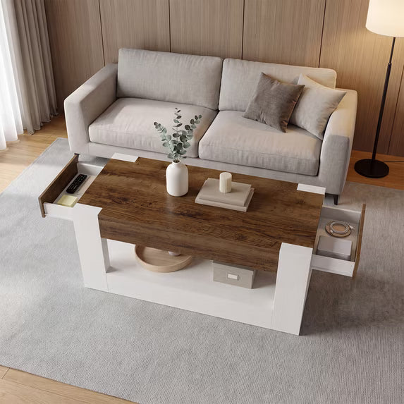 Sonergra 3 Piece Farmhouse Living Room Table Set Coffee Table with Drawers Open Storage and 2 Matching Rustic Wood Side End Tables,White