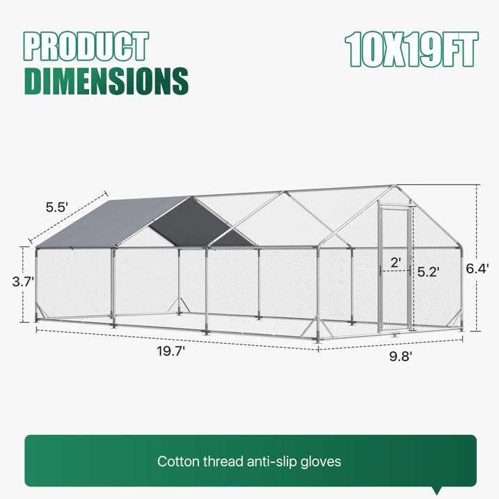 Clouddwell Large Metal Chicken Coop Duck House with Waterproof Spire Roof, Outdoor Poultry Walk-in Run Cage - 9.8' L x 19.7' W x 6.4' H