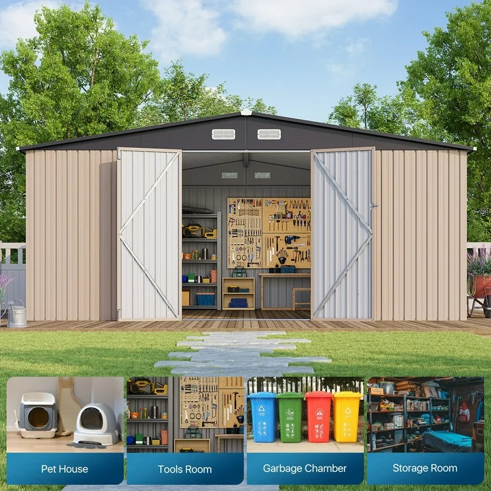 Clouddwell 12 x 14FT Shed Outdoor Storage Shed with Double Hinged Large Door, Large Metal Shed with Lockable Door & Sloped Roof for Garden, Backyard, Patio and Backyard, Brown