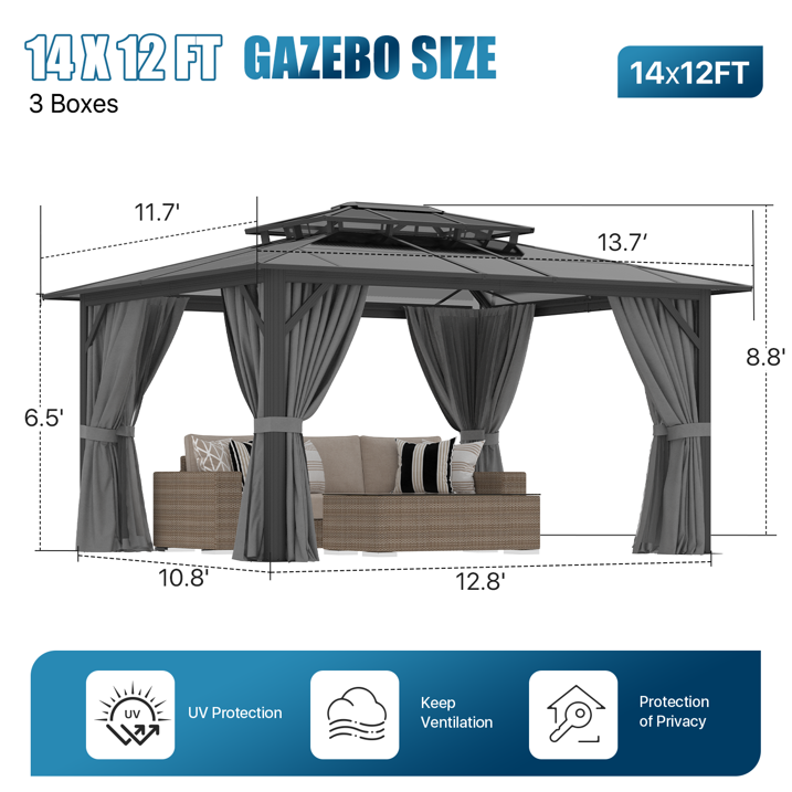 Sunmthink 12' x 14' Hardtop Gazebo,Polycarbonate Double Roof,Aluminum Frame with Curtains and Netting for Patio,Garden,Gray