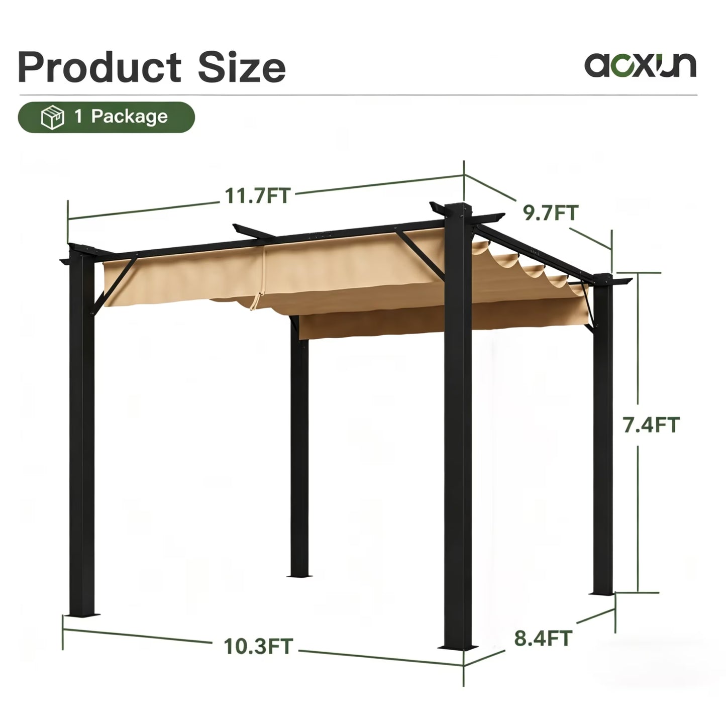 Aoxun 10'x12' Outdoor Retractable Pergola, with Sun-Proof Canopy, Patio Metal Pergolas Gazebos for Backyards, Gardens, Patios, Beige