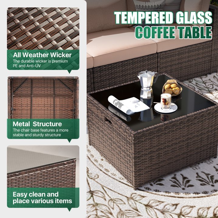 Clouddwell 8 Piece Patio Furniture Set with 44” Fire Pit Table Wicker Rattan Patio Conversation Set Outdoor Sectional Sofa Set with Coffee Table and Blue Cushions(Waterproof Cover Included)