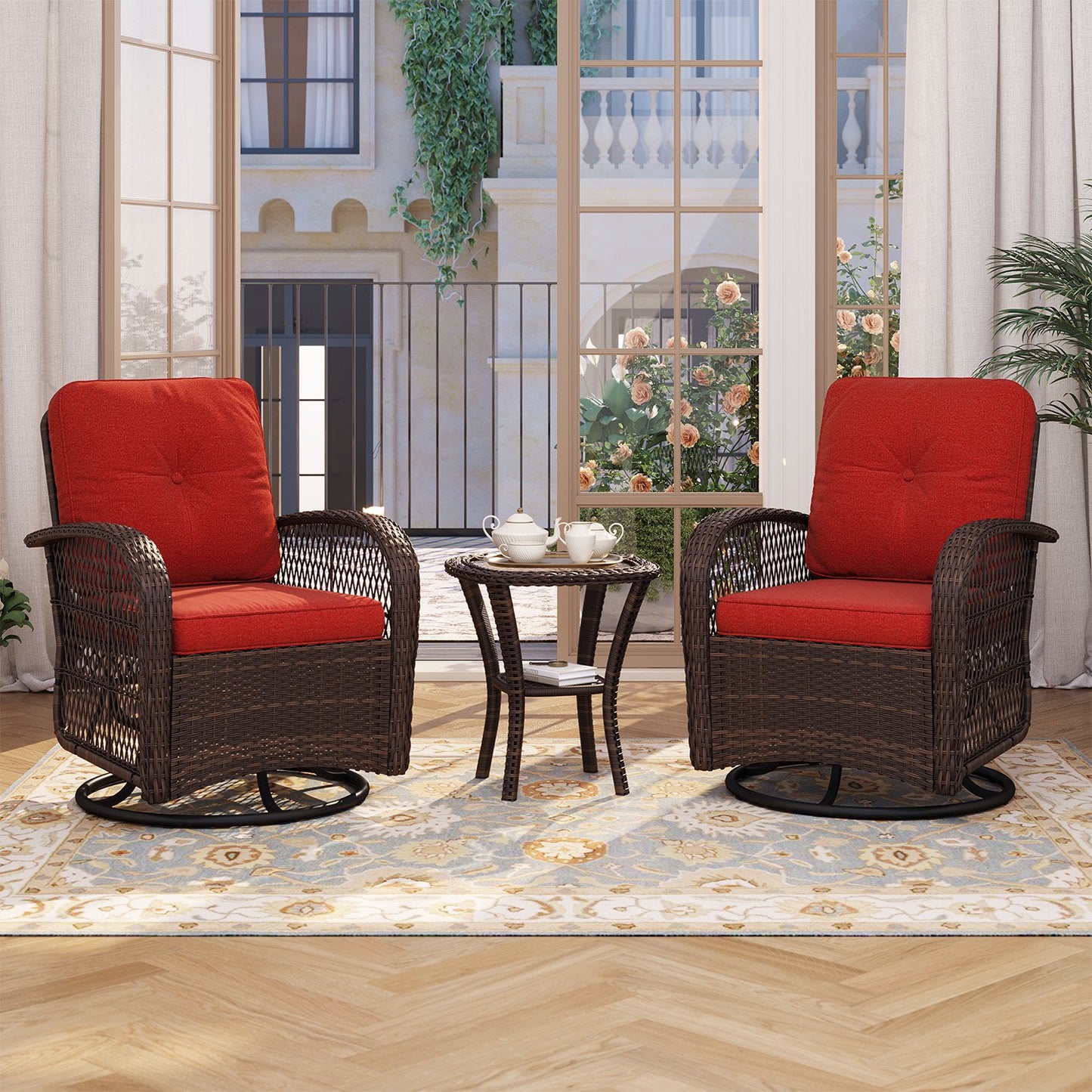 Sunmthink 3-Piece Patio Furniture Set with Swivel Rocking Chairs and Side Table, Thickened Cushions Outdoor Wicker Bistro for Porch Deck Backyard (Red)