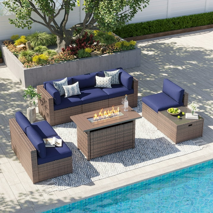 Clouddwell 8 Piece Patio Furniture Set with 44” Fire Pit Table Wicker Rattan Patio Conversation Set Outdoor Sectional Sofa Set with Coffee Table and Blue Cushions(Waterproof Cover Included)
