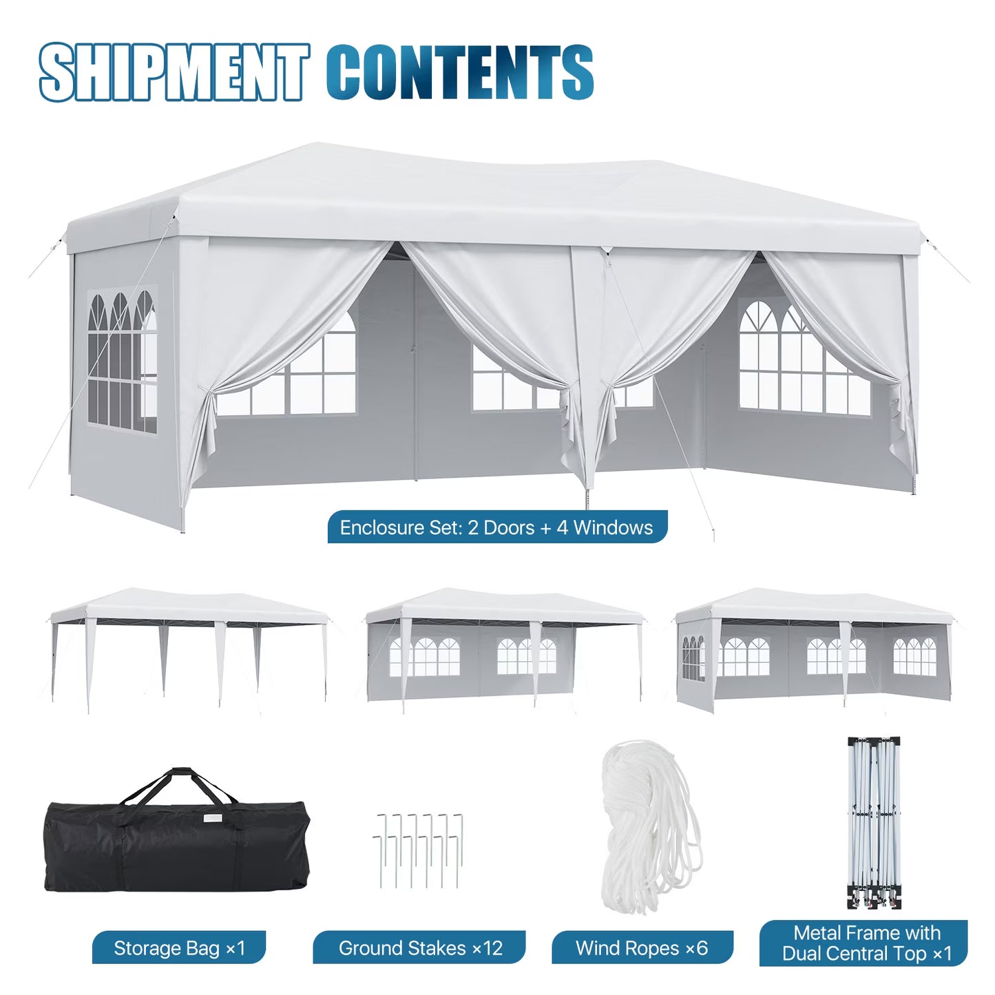 Dateyes 10x20 Pop Up Canopy Tent, Waterproof Party Tent with 6 Removable Sidewalls, 3-Level Height Adjustable Event Tent, Instant Shelter for Wedding, Party, Commercial & Market Events,White