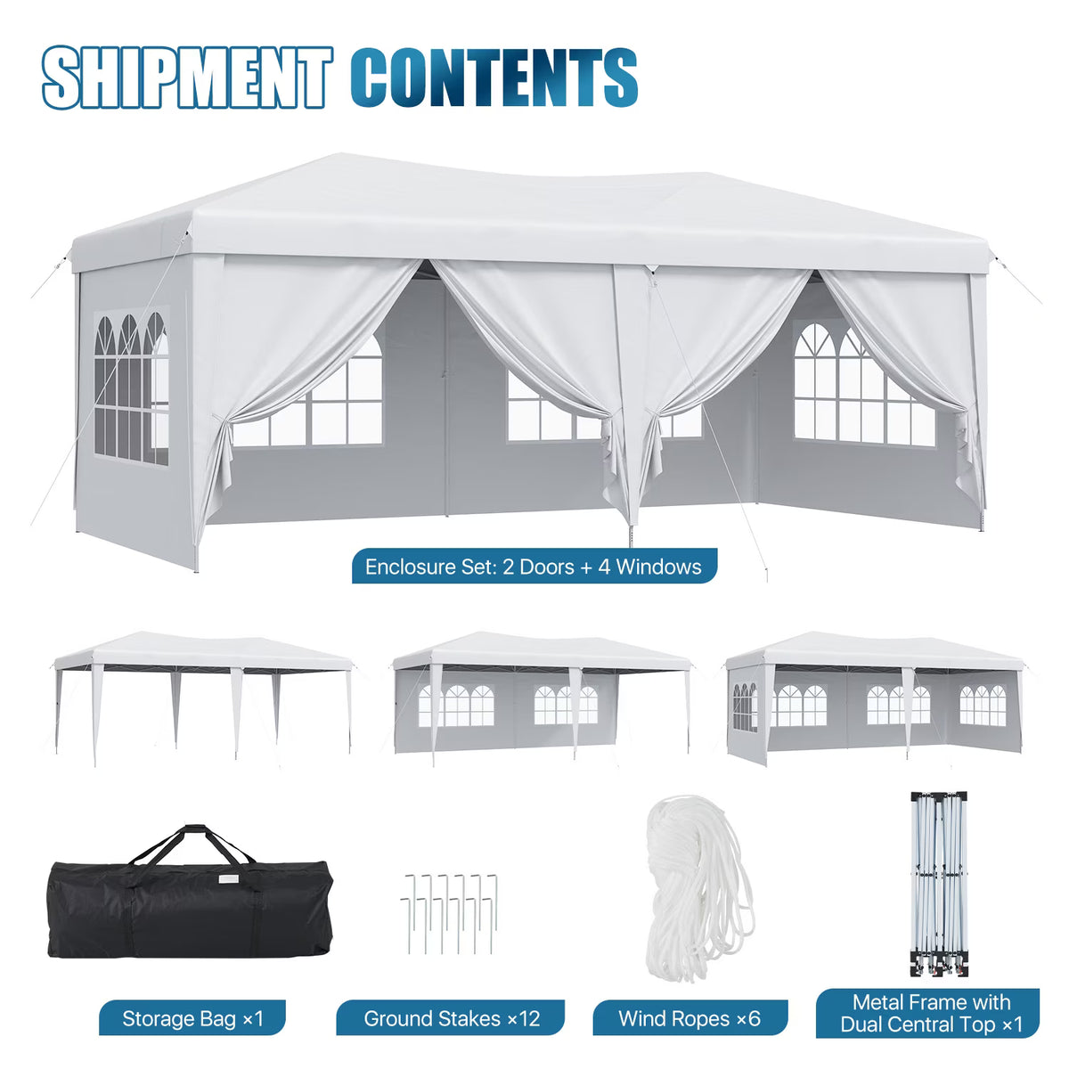 Dateyes 10x20 Pop Up Canopy Tent, Waterproof Party Tent with 6 Removable Sidewalls, 3-Level Height Adjustable Event Tent, Instant Shelter for Wedding, Party, Commercial & Market Events,White