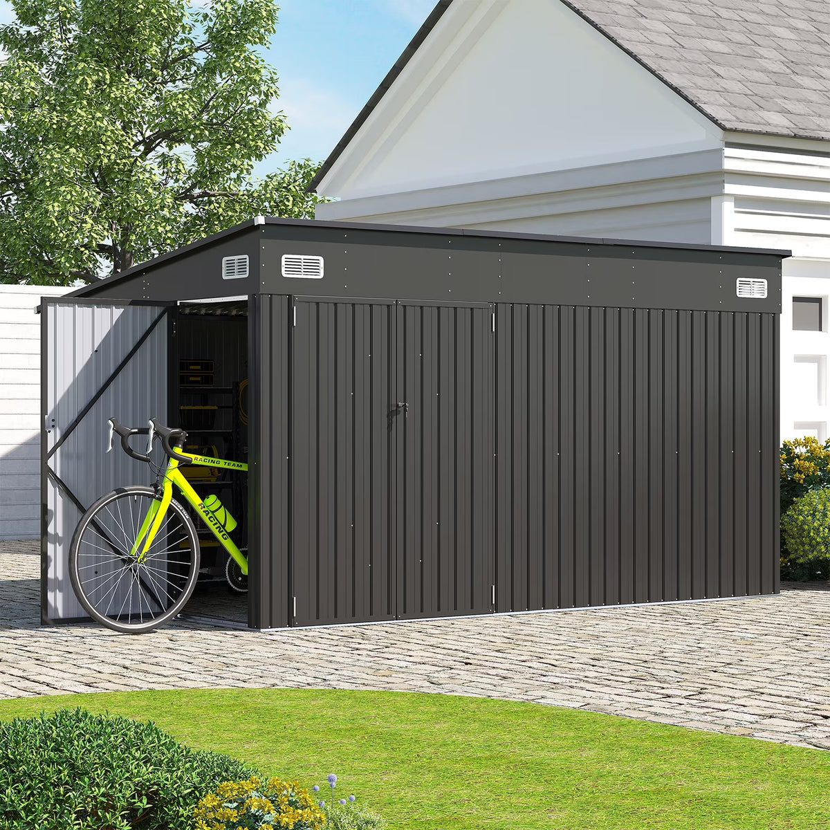 Dateyes 12' x 8' Metal Storage Shed with Triple Doors, Lockable Lean-to Design & Vents, Black