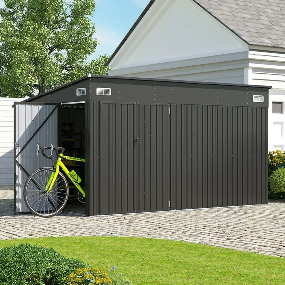 Sunmthink 12' x 8' Metal Storage Shed with Triple Doors, Lockable Lean-to Design & Vents, Black