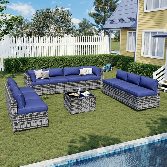 Sunmthink Patio Furniture Sets, 11-Piece Outdoor Patio Furniture with Thick Cushions, Wicker Outdoor Conversation Set and Waterproof Cover for Backyard, Poolside, Garden