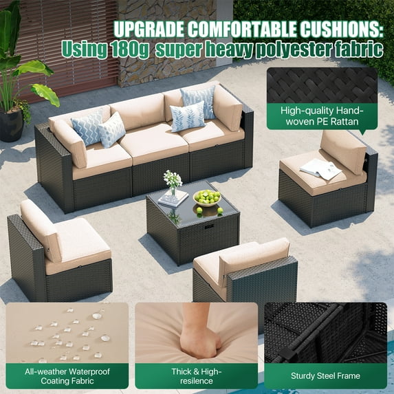 Clouddwell 7-Piece Patio Furniture Set on Sale, Black Rattan Wicker Outdoor Sectional Sofa Couch with Table Patio Conversation Set for Lawn& Backyard,Beige