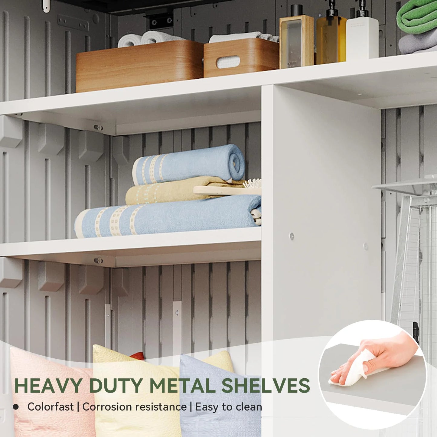 Aoxun Outdoor Resin Storage Shed with Metal Shelving Kit & Floor, 64 Cu.Ft Vertical Waterproof Storage Cabinet for Garage Storage, Pool Storage, Bike Shed, Garden Tools, Patio Furniture (White)