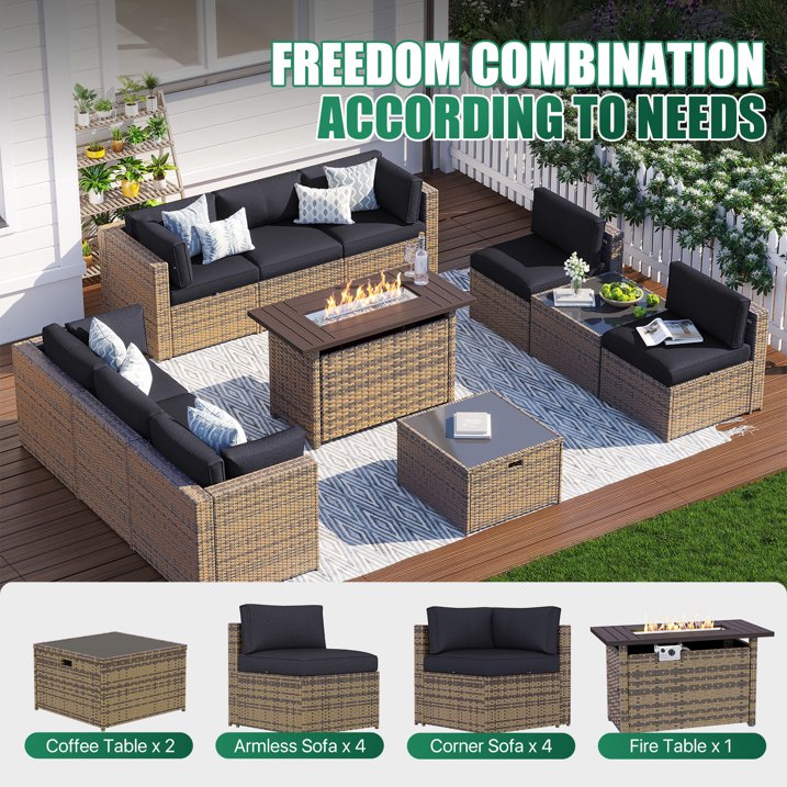 Clouddwell 11 Piece Patio Furniture Set with 44” Fire Pit Table Wicker Rattan Patio Conversation Set Outdoor Sectional Sofa Set with Coffee Table and Black Cushions(Waterproof Cover Included)
