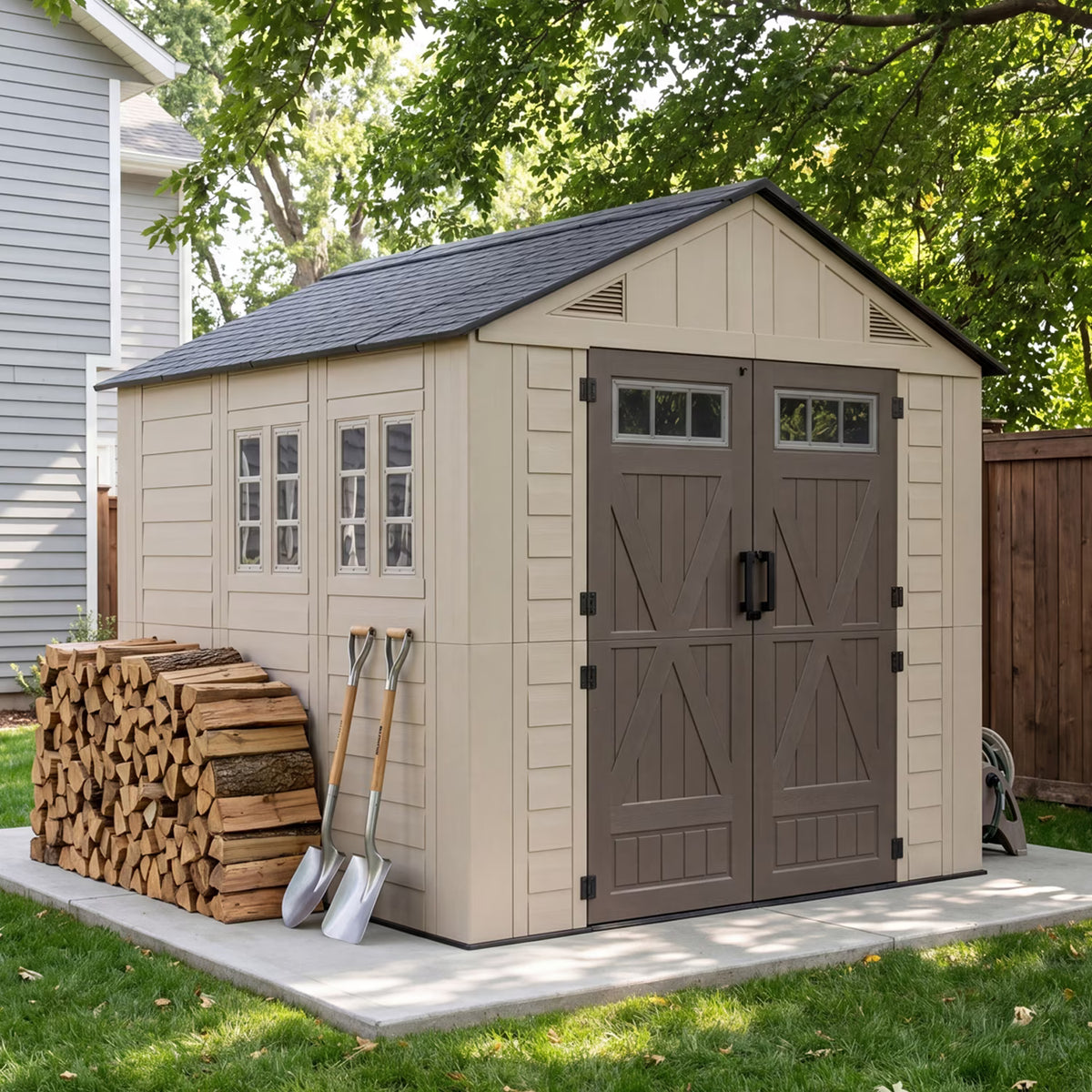 Clouddwell 8x8 FT Outdoor Storage Shed with Floor, HDPE Resin Garden Storage House with Double Doors, Windows & Ventilation, Heavy Duty Backyard Tool Shed for Lawn Equipment and Garden Supplies