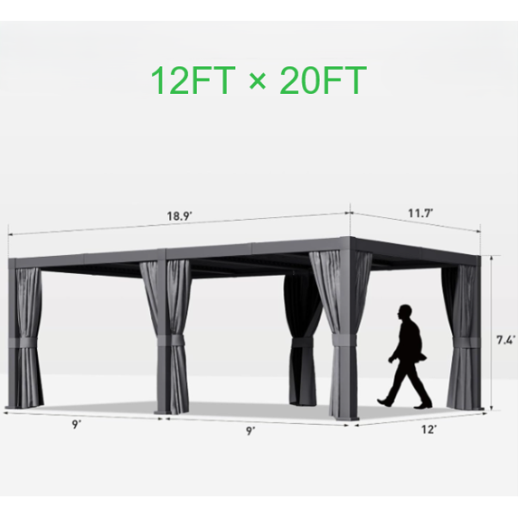 Sunmthink 12' × 20' Adjustable Louvered Pergola, Outdoor Aluminum Pergola with Curtains & Netting for Backyard, Deck & Poolside, Gray