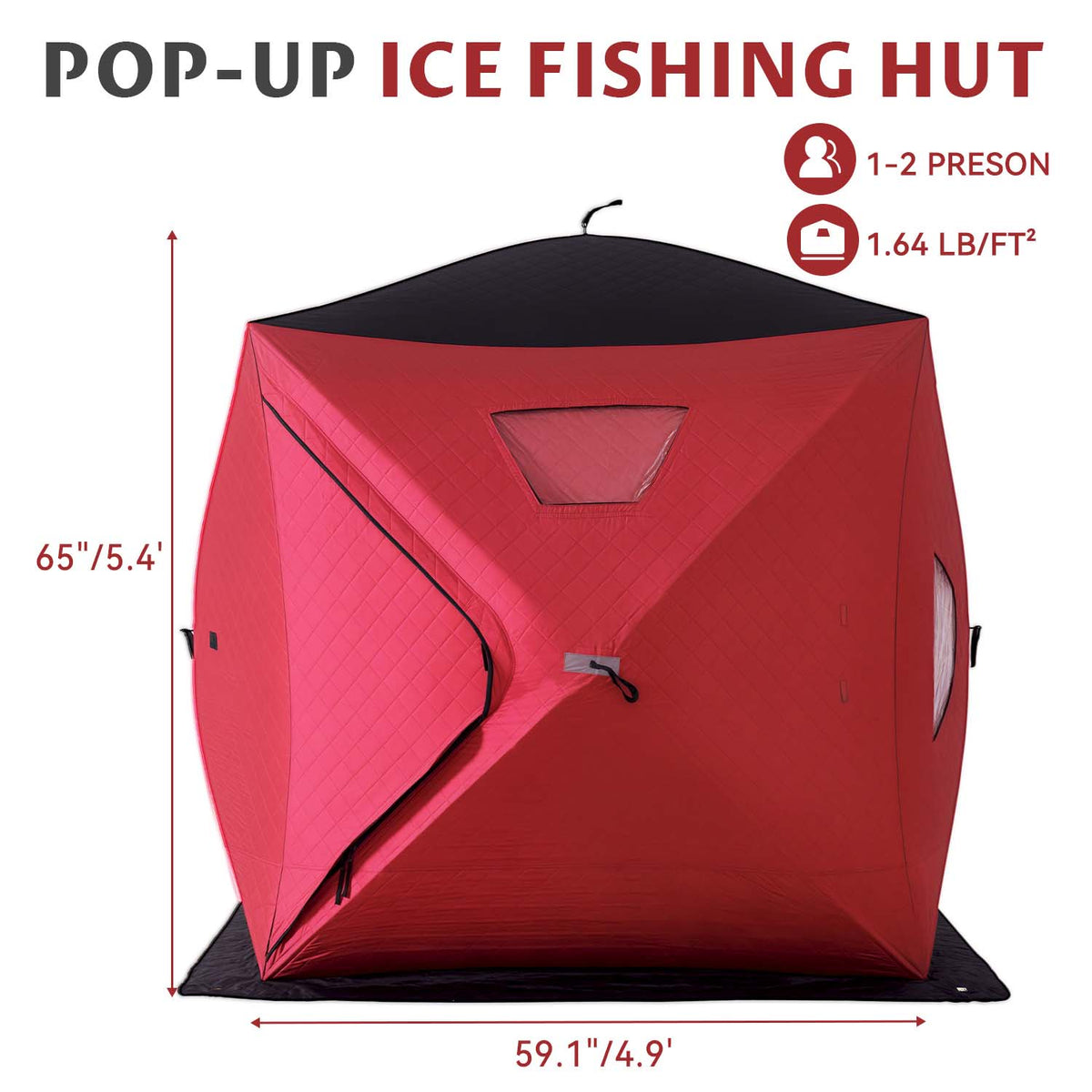 Dateyes Pop Up Ice Fishing Shelter, Insulated Ice Fishing Tent for 1-2 People, 420D Insulated Fabric, 60"x60"x65" 24 sq.ft Fishing Area, Red