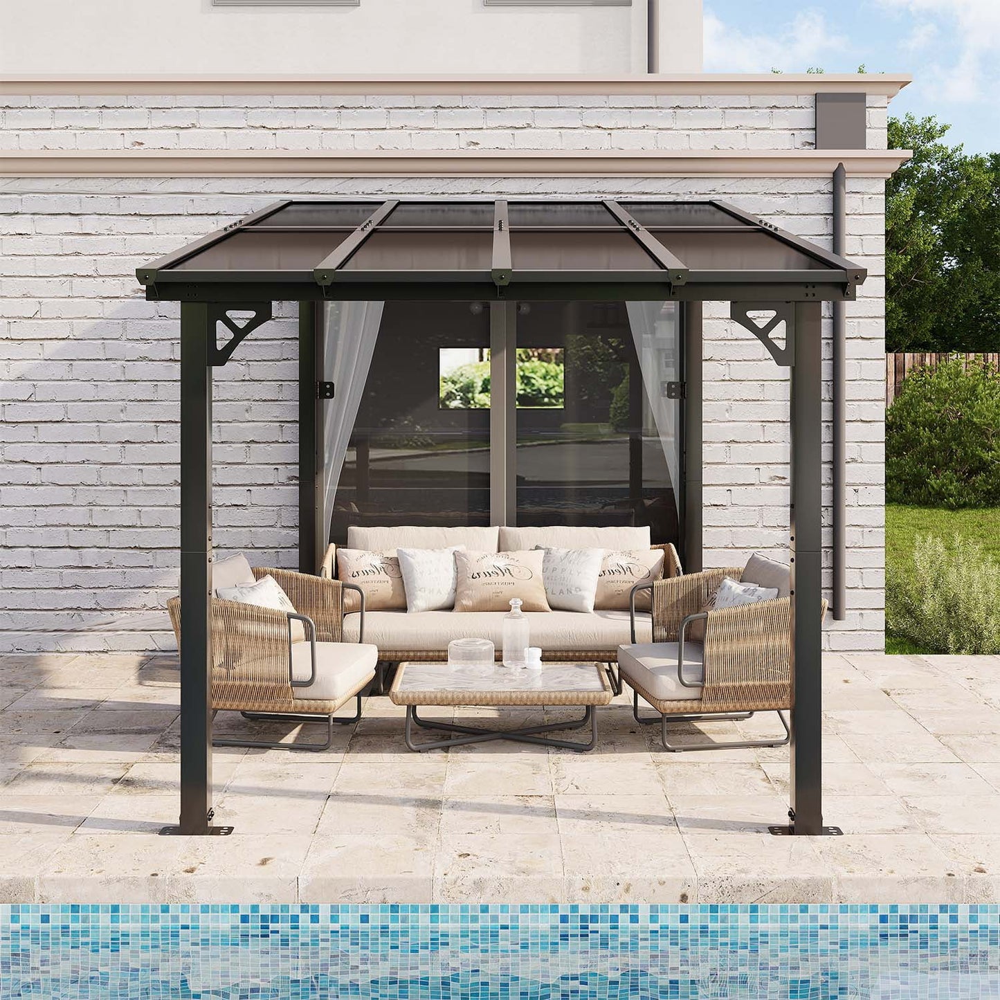 Clouddwell 8'x 10' Wall-Mounted Gazebo Pergola with Aluminum Top Frame & Polycarbonate Panel, Large Heavy-Duty Awnings for Backyard Black