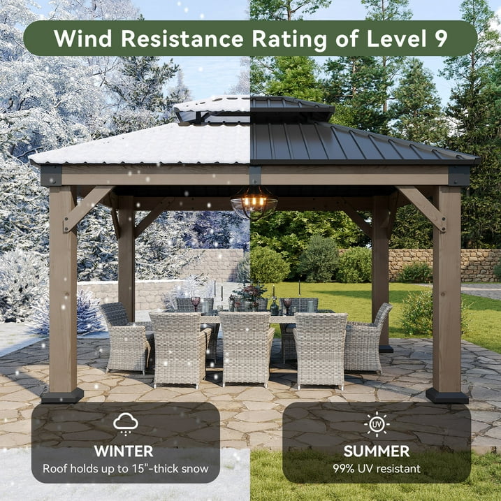 Aoxun 10' x 12' Outdoor Wood Gazebo, Hardtop Gazebo Permanent Wooden Pavilion with Galvanized Steel Double Roof, for Patio, Garden, Deck, Cedar Wood