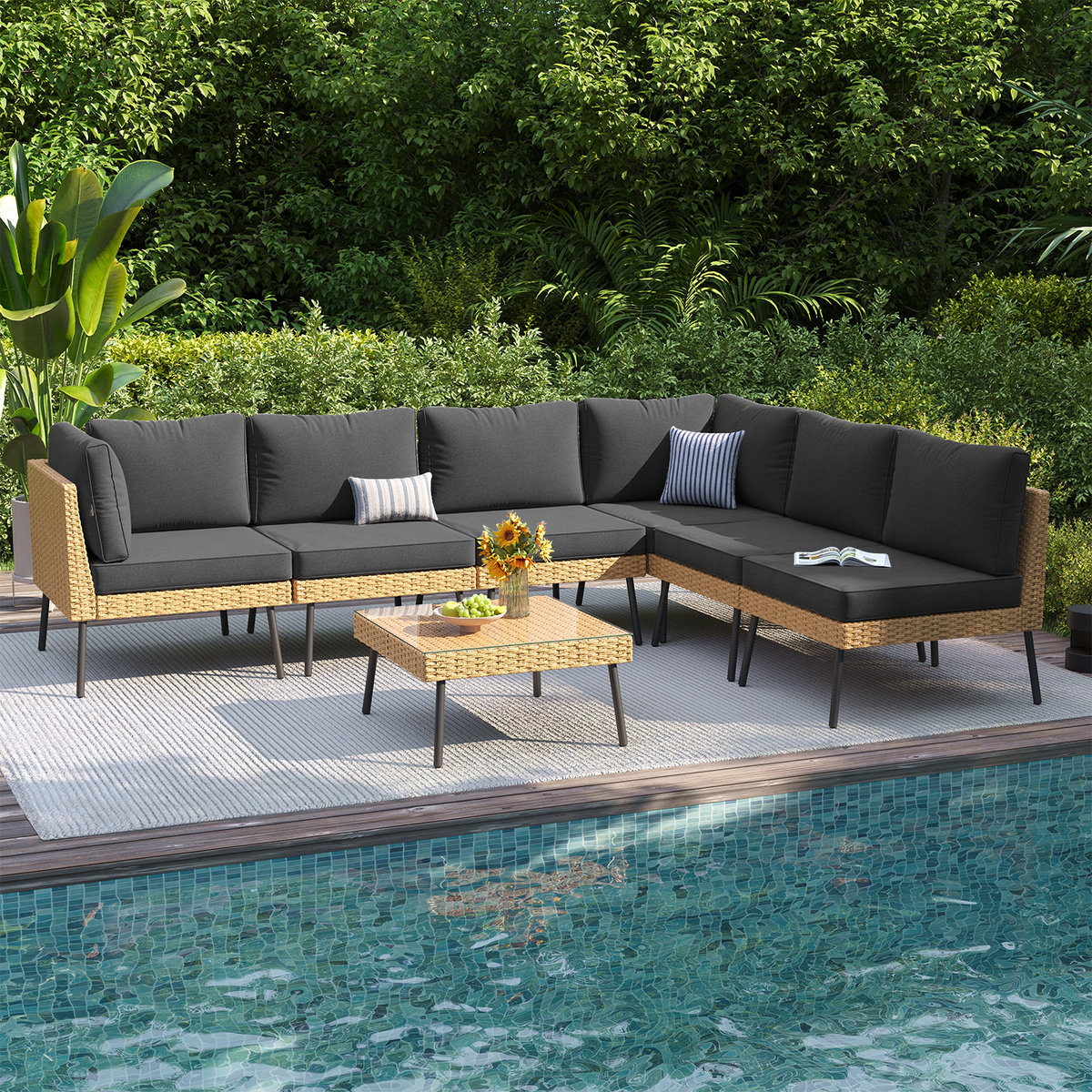 Clouddwell 7-Piece Patio Furniture Set, Wicker Outdoor Furniture with Water Resistant Thick Cushions, Patio Conversation Set Outdoor Sectional Sofa with Coffee Table for Backyard Poolside, Black