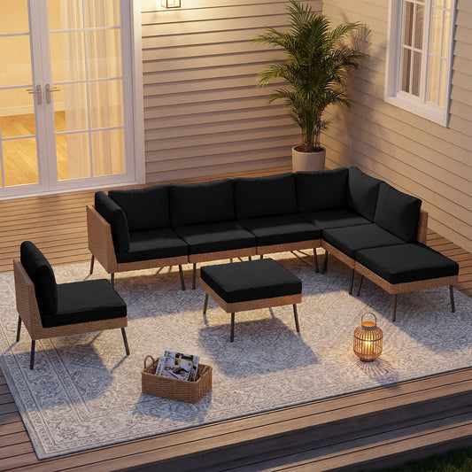 Clouddwell 8-Piece Patio Furniture Set, Wicker Outdoor Furniture with Water Resistant Thick Cushions, Patio Conversation Set Outdoor Sectional Sofa with Coffee Table for Backyard Poolside, Black