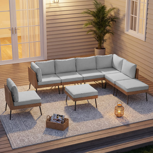 Clouddwell 8-Piece Patio Furniture Set, Wicker Outdoor Furniture with Water Resistant Thick Cushions, Patio Conversation Set Outdoor Sectional Sofa with Coffee Table for Backyard Poolside, Light Gray