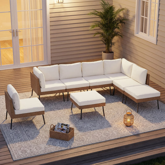 Clouddwell 8-Piece Patio Furniture Set, Wicker Outdoor Furniture with Water Resistant Thick Cushions, Patio Conversation Set Outdoor Sectional Sofa with Coffee Table for Backyard Poolside, Beige