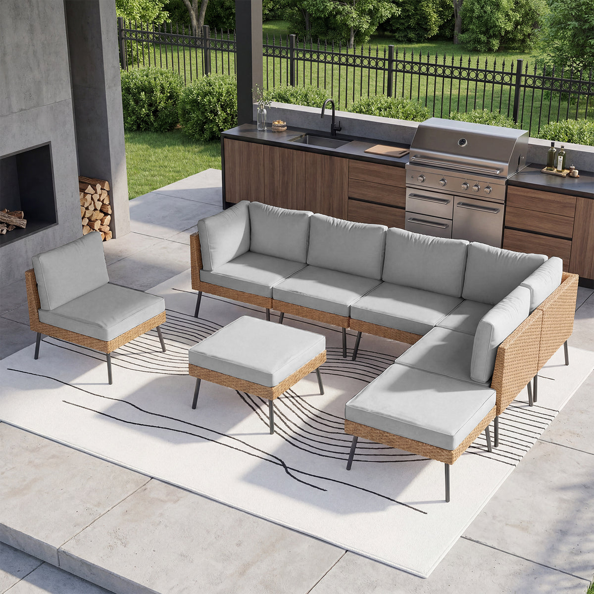 LazySunsets 8-Piece Light Gray All Weather Wicker Patio Sectional Conversation Set with Ottoman, Thick Water Resistant Cushions for Backyard Poolside Porch Garden