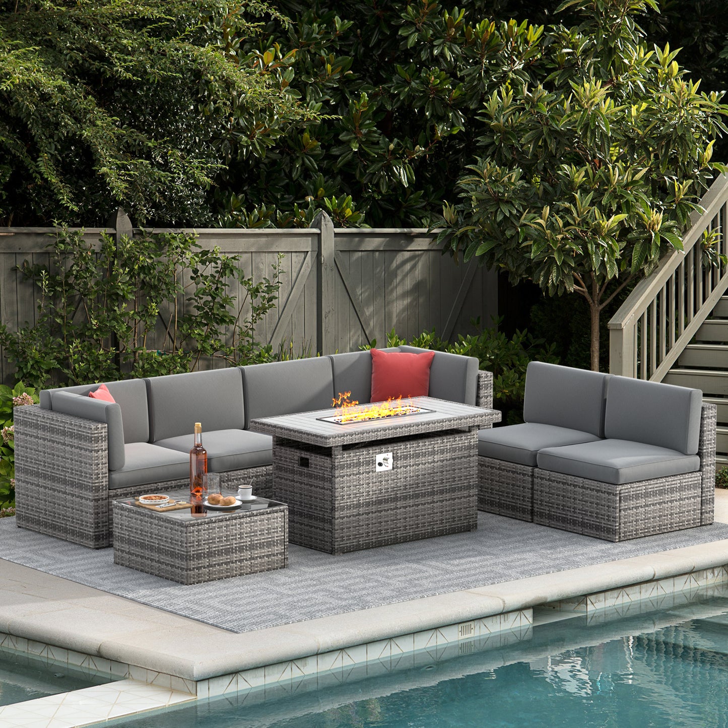 Clouddwell Aura 6-Piece Symmetrical Rattan Set with Dual-Top Fire Table